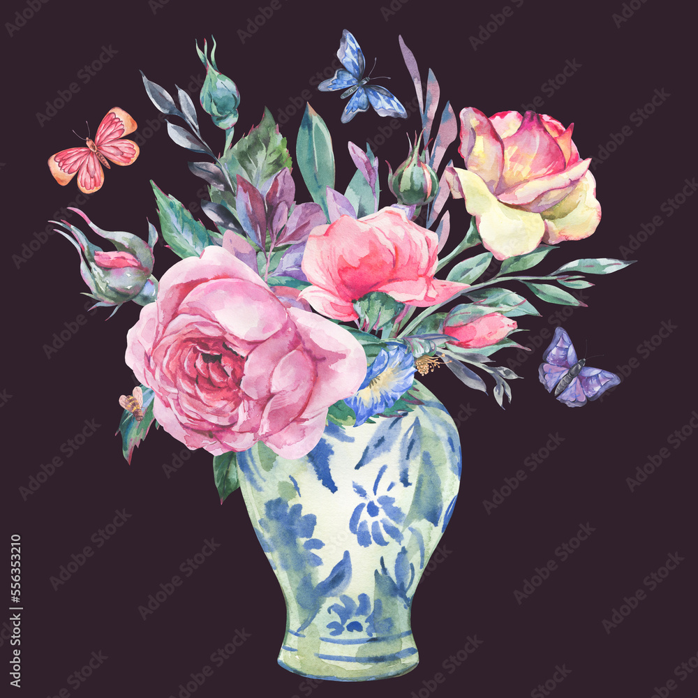 custom made wallpaper toronto digitalWatercolor vintage garden rose bouquet, Chinese blue vase illustration isolated on black