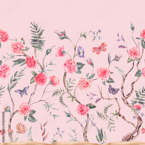 Watercolor garden rose bouquet, blooming tree seamless border, Chinoiserie floral texture on pink