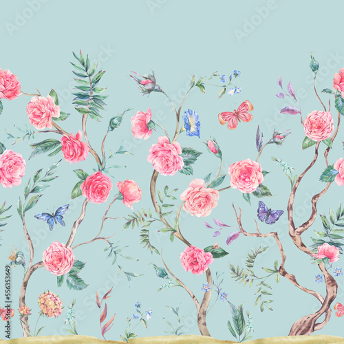 Watercolor garden rose bouquet, blooming tree seamless border, Chinoiserie floral texture on blue