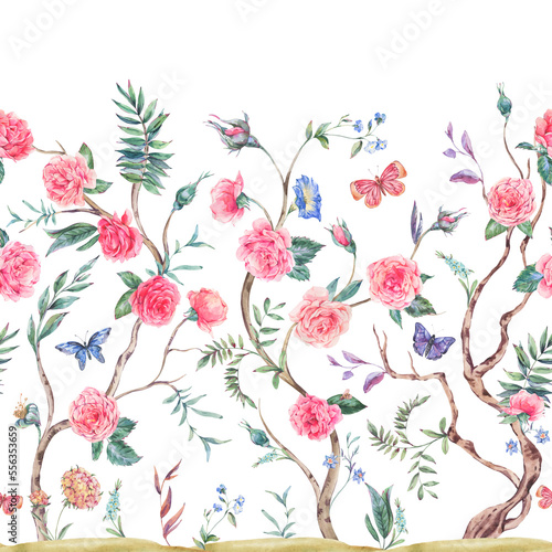 Watercolor garden rose bouquet, blooming tree seamless border, Chinoiserie floral texture on white © depiano