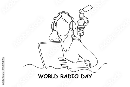 Single one line drawing Radio host speaks into the microphone on the air. Broadcasting. World radio day concept. Continuous line draw design graphic vector illustration.