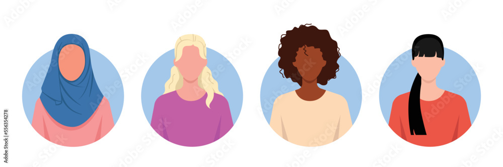 Set of women of different nationalities in cartoon style. Vector illustration of girls without faces of different nationalities such as Arabs, Europeans, Africans, Asians on white background. Set of women of different nationalities in cartoon style. Vector illustration of girls without faces of different nationalities such as Arabs, Europeans, Africans, Asians on white background.