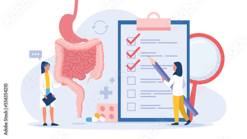 Vector illustration of gastrointestinal tract. Cartoon scene with doctors who examine the esophagus and prescribe medications on white background.