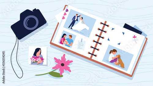 Vector illustration of photo album. Cartoon picture with photo album with different photos like wedding, children's, with flowers and camera on the side lie on a wooden background.