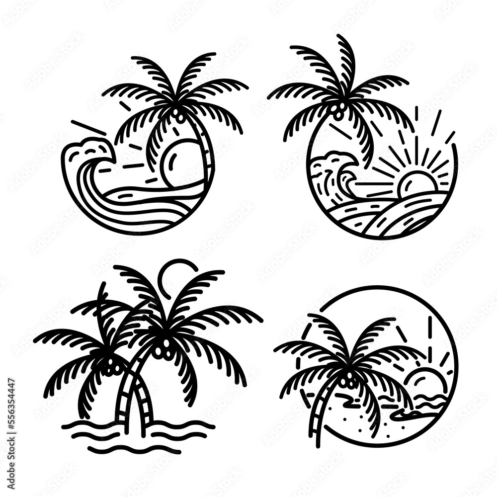 Naklejka premium set ocean wave tropical island and palm tree logo line art vector illustration