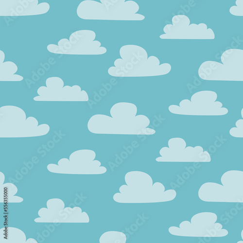 Cartoony clouds on teal background, seamless vector pattern