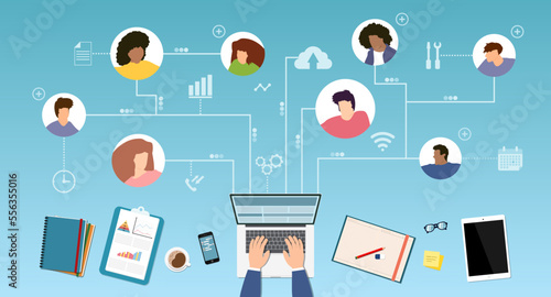 Businessman connecting online and working same project. Online meeting. New normal lifestyle. Social distancing concept. Top view of people working with computer at the work desk. Vector illustration.