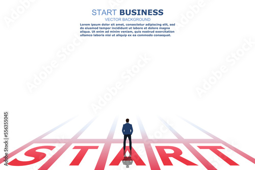 Businessman standing at start line. The starting point to grab the finish line in the future. Startup banner to compete against itself. Business Concept. Vector illustration