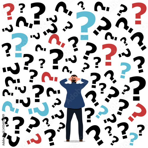 Puzzled businessman standing with questions Dilemma and the confusing idea of many options. Decision strategies work to achieve success goals. Concept of many business problems. Vector illustration