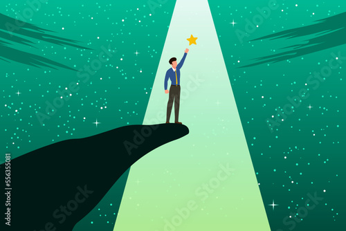 A businessman who goes up a cliff to grab a star of success. Starry night atmosphere. Making your dreams come true. Business Concept. Vector illustration