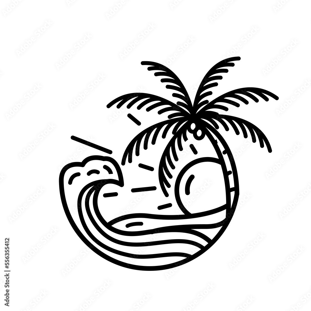 ocean wave tropical island and palm tree logo line art vector illustration