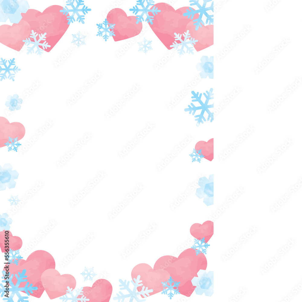 雪の結晶とピンクのハートのフレーム_縦