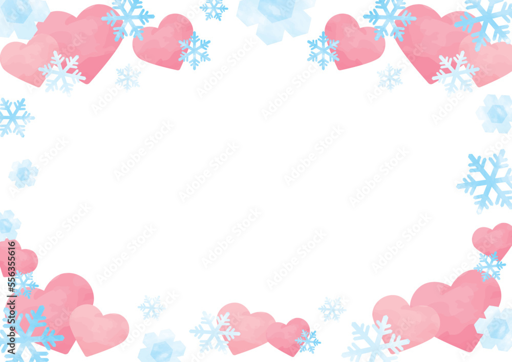 雪の結晶とピンクのハートのフレーム_横
