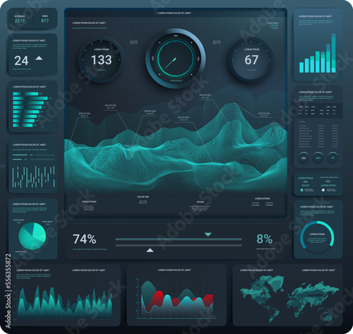 Futuristic dashboard design with charts, planet and graphs. HUD data control center template. Head-up display and Futuristic User Interface GUI, UI. Hologram model of planet.