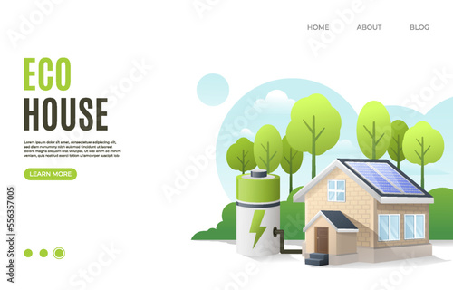Modern eco house, solar energy panels. Smart home and save energy sustainable concept. Web banner, landing page. Vector Illustration