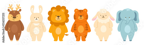 Cute wild animals cartoon baby set. Childish safari character lion, tiger elephant, deer, sheep and rabbit. Funny jungle kid wildlife collection. Illustration print template for kid card, poster cover
