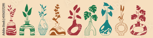 Tropical leaves and herbs in vase or ceramic pot, jug or jar bottles doodle set. Cozy home decor handmade boho engraving pottery form. Abstract various vases stencil, hand drawn vessel. Trendy vector