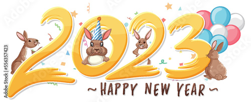 Happy New Year text with cute rabbit for banner design