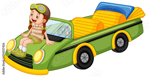 A girl with green vintage convertible car