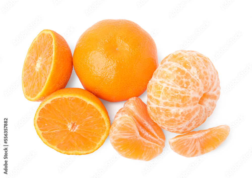 Fresh ripe juicy tangerines on white background, top view Fresh ripe juicy tangerines on white background, top view