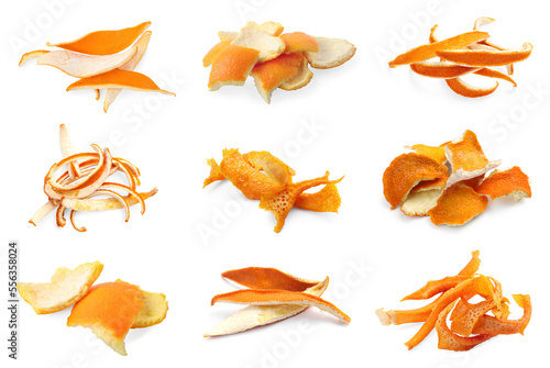 Bild auf Leinwand Collage with dry orange peels on white background