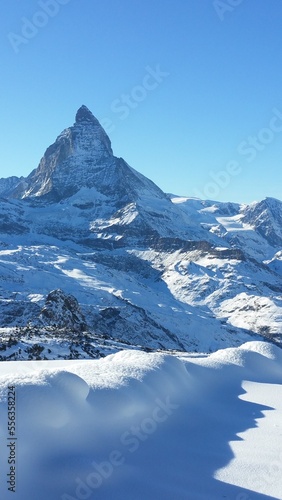 Mount Matterhorn in the snow-covered Swiss town of Zermatt