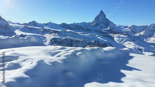 Mount Matterhorn in the snow-covered Swiss town of Zermatt
