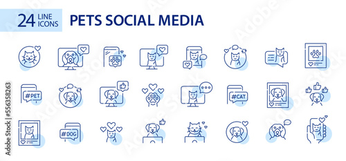 24 pets social media presence icons. Pixel perfect, editable stroke art
