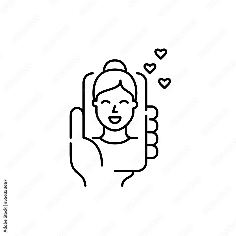 Girl blogger in social media receiving like reactions to her live translation. Pixel perfect, editable stroke icon Girl blogger in social media receiving like reactions to her live translation. Pixel perfect, editable stroke icon