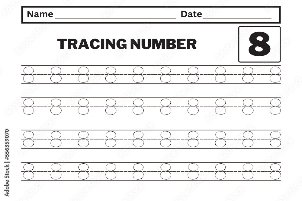 Number 8 tracing practice worksheet with all numbers for kids learning ...