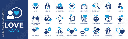 Love icon set. Containing heart, couple, cupid, passion, valentine, online dating icons. Solid icon collection.