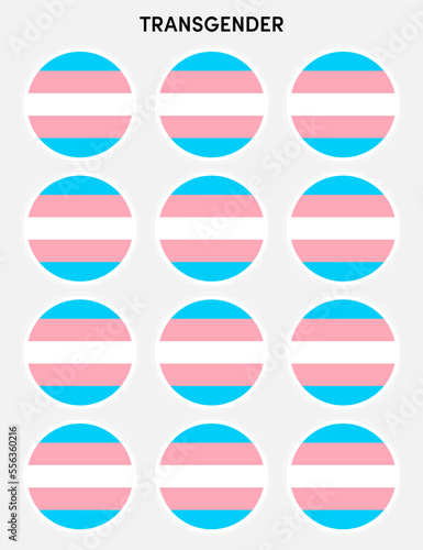 Set of pride flags, transgender flags in the shape of a circle. Circle shaped sticker icon and LEBT symbols.