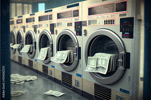 money laundering concept with dollars inside washing machines in a laundromat