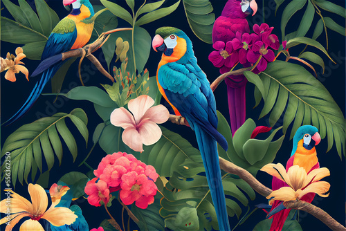 Fototapeta tropical pattern with parrots and flowers in bright colors
