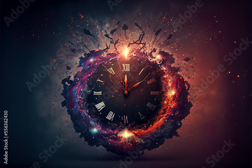 New year countdown clock with colorful fireworks. Beautiful sparkles explosion on background  fantasy round clock counting down.