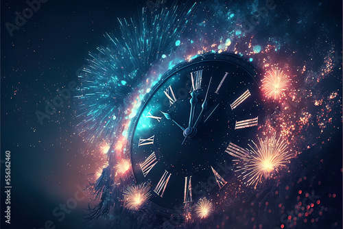 New year countdown clock with colorful fireworks. Beautiful sparkles explosion on background, fantasy round clock counting down. Generative AI