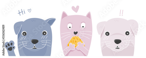 Set of pastel doodle cute puppys and a kitten eating pizza in flat vector.
