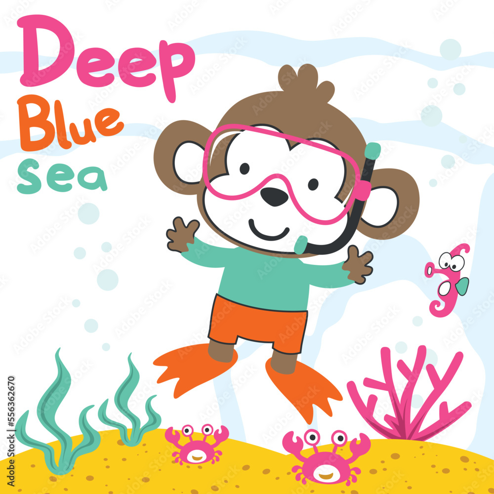 Vector illustration of cute monkey in snorkel mask diving in the sea. Can be used for t-shirt print, Creative vector childish background for fabric textile, and other decoration Vector illustration of cute monkey in snorkel mask diving in the sea. Can be used for t-shirt print, Creative vector childish background for fabric textile, and other decoration