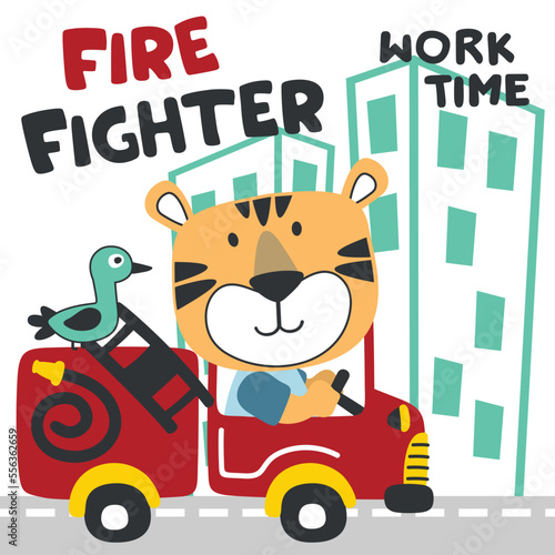 Vector illustration of funny tiger firefighter on fire truck. Creative vector childish background for fabric  textile  nursery wallpaper  card  poster and other decoration