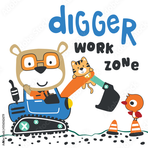 Photography Cute little bear on a blue excavator