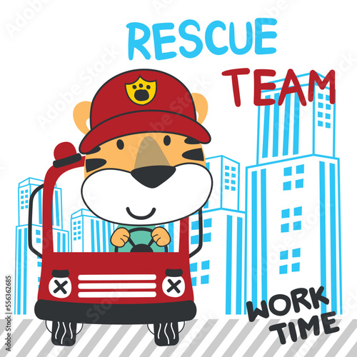 Vector illustration of funny tiger firefighter on fire truck. Creative vector childish background for fabric, textile, nursery wallpaper, card, poster and other decoration