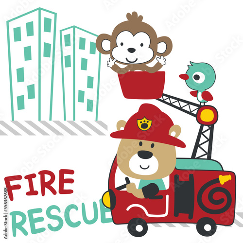 Vector illustration of funny bear firefighter on fire truck. Creative vector childish background for fabric, textile, nursery wallpaper, card, poster and other decoration