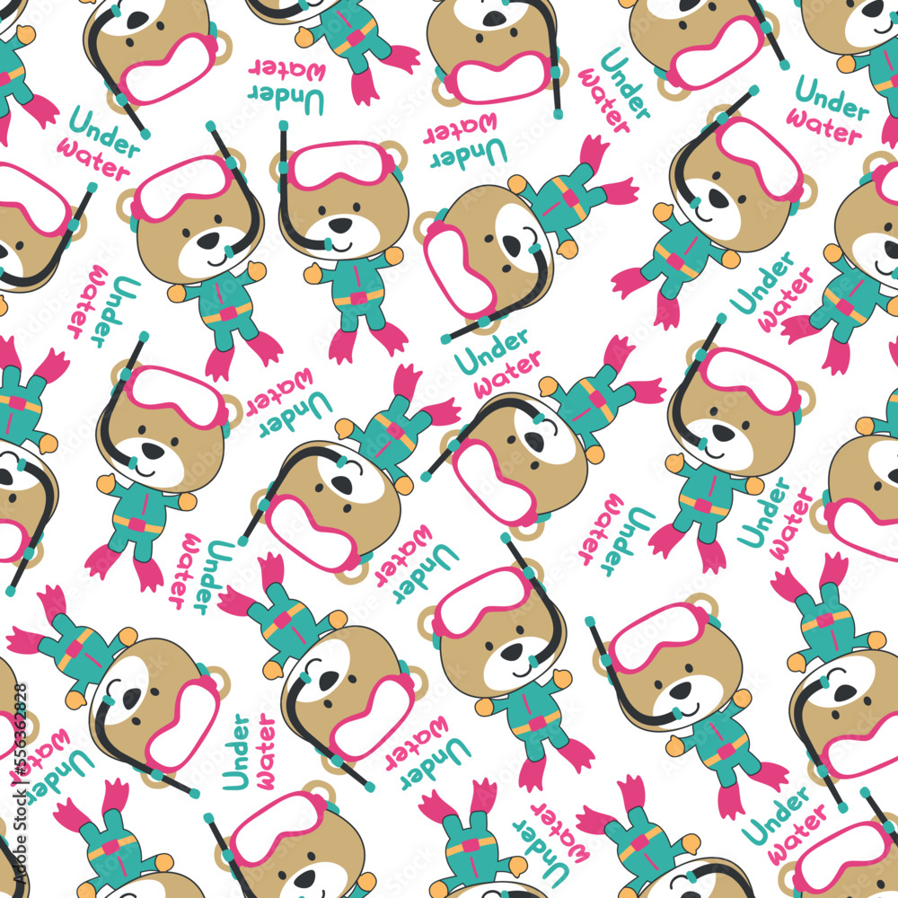 Seamless pattern texture with little bear swim in underwater. For fabric textile, nursery, baby clothes, background, textile, wrapping paper and other decoration. Seamless pattern texture with little bear swim in underwater. For fabric textile, nursery, baby clothes, background, textile, wrapping paper and other decoration.