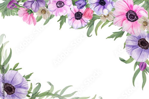 Watercolor anemones isolated on white background. Botanical painting for postcard design, invitation template, Valentine day, birthday, mother day cards, wedding invitation
