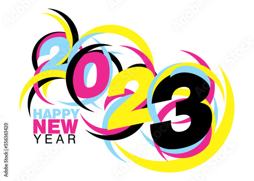 An abstract vector illustration of 2023 in cmyk color scheme on an isolated white background
