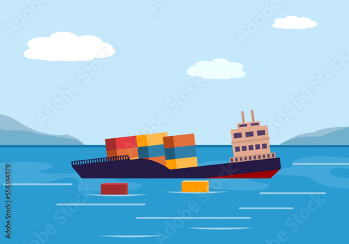 Cargo ship sinking in flat design vector illustration.