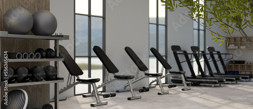 Modern contemporary fitness center interior design with a row sport equipment