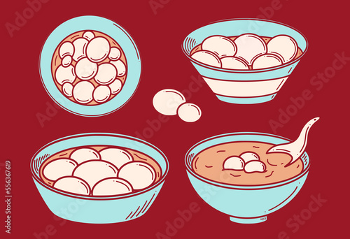 Sweet dumpling soup Tang yuan vector illustration. Chinese New year dessert tangyuan in doodle style.