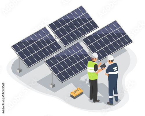 Electricity Engineer maintenance  or Inspector using tablet inspecting and maintaining solar cell panels with electric Technician or worker in solar farm construction power plant isometric isolated