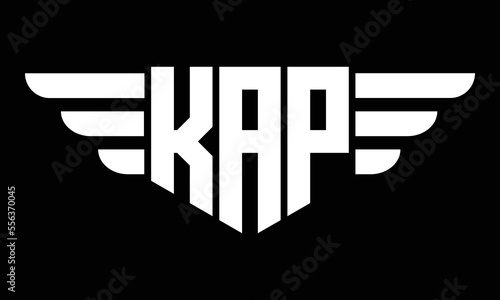 KAP three letter logo, creative wings shape logo design vector template. letter mark, wordmark, monogram symbol on black & white.